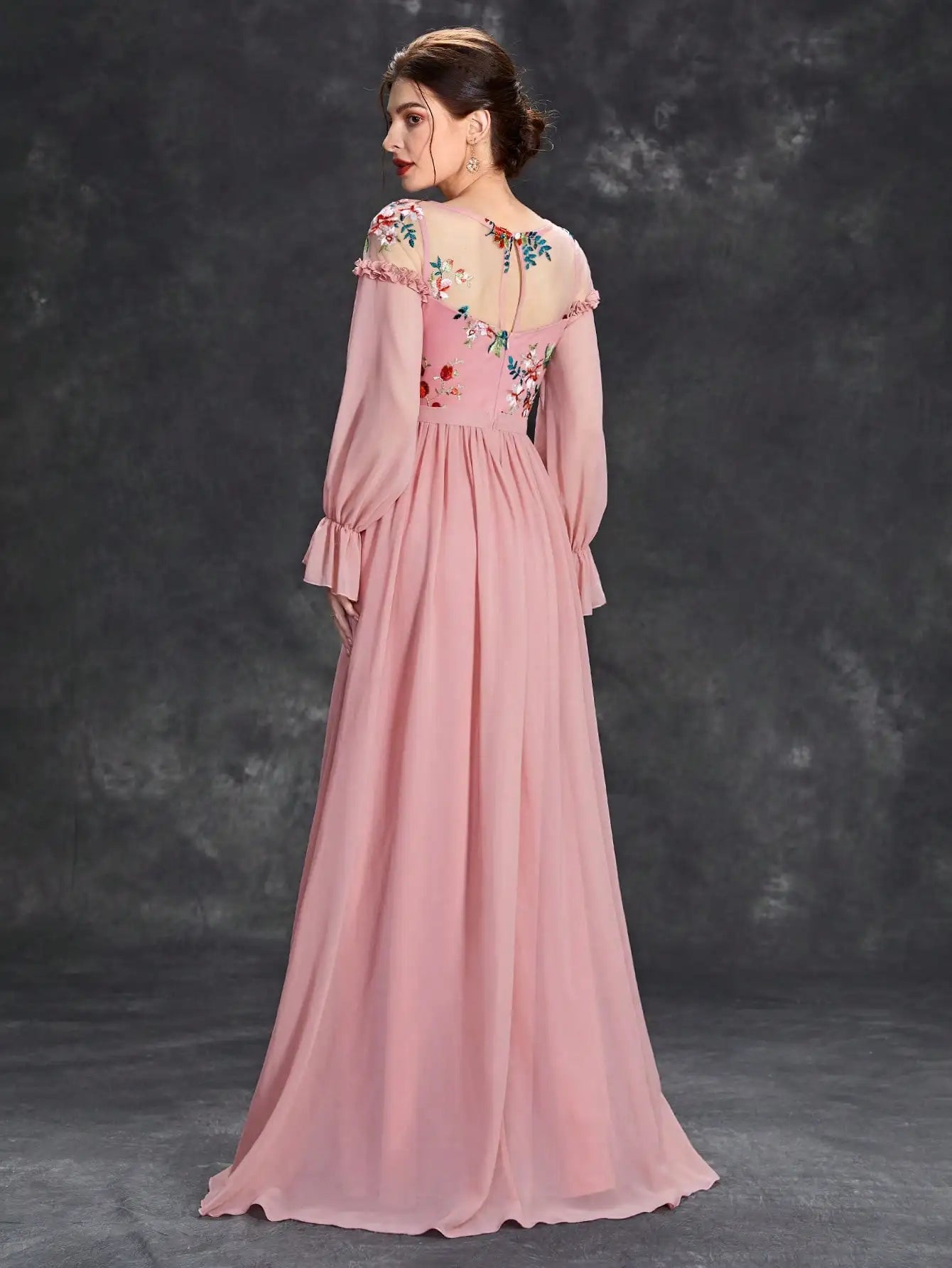Embroidered Long Sleeve Chiffon Dress