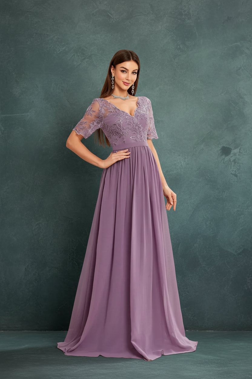 V-Neck Lace Chiffon Evening Dress