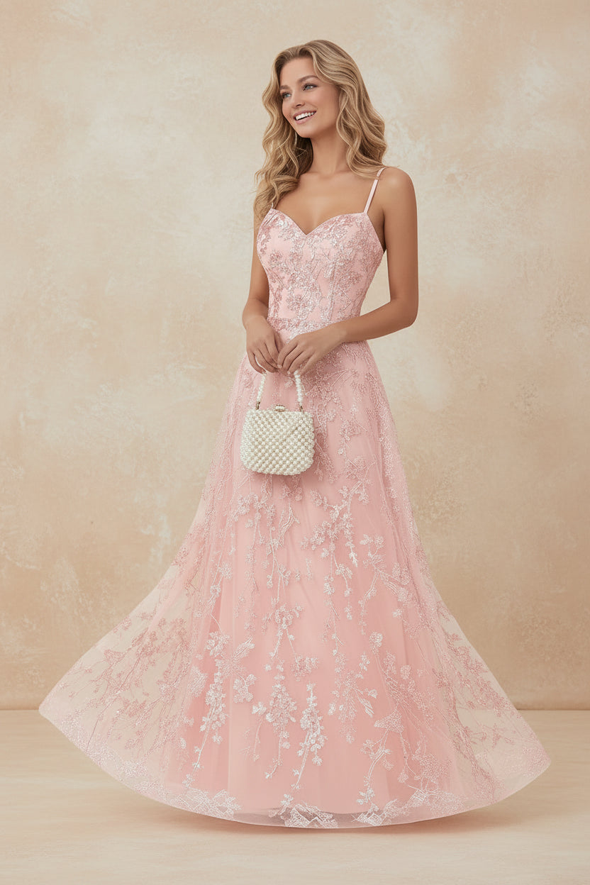 Tulle Formal Dress Laces Spaghetti Strap Sparkly Prom Dress