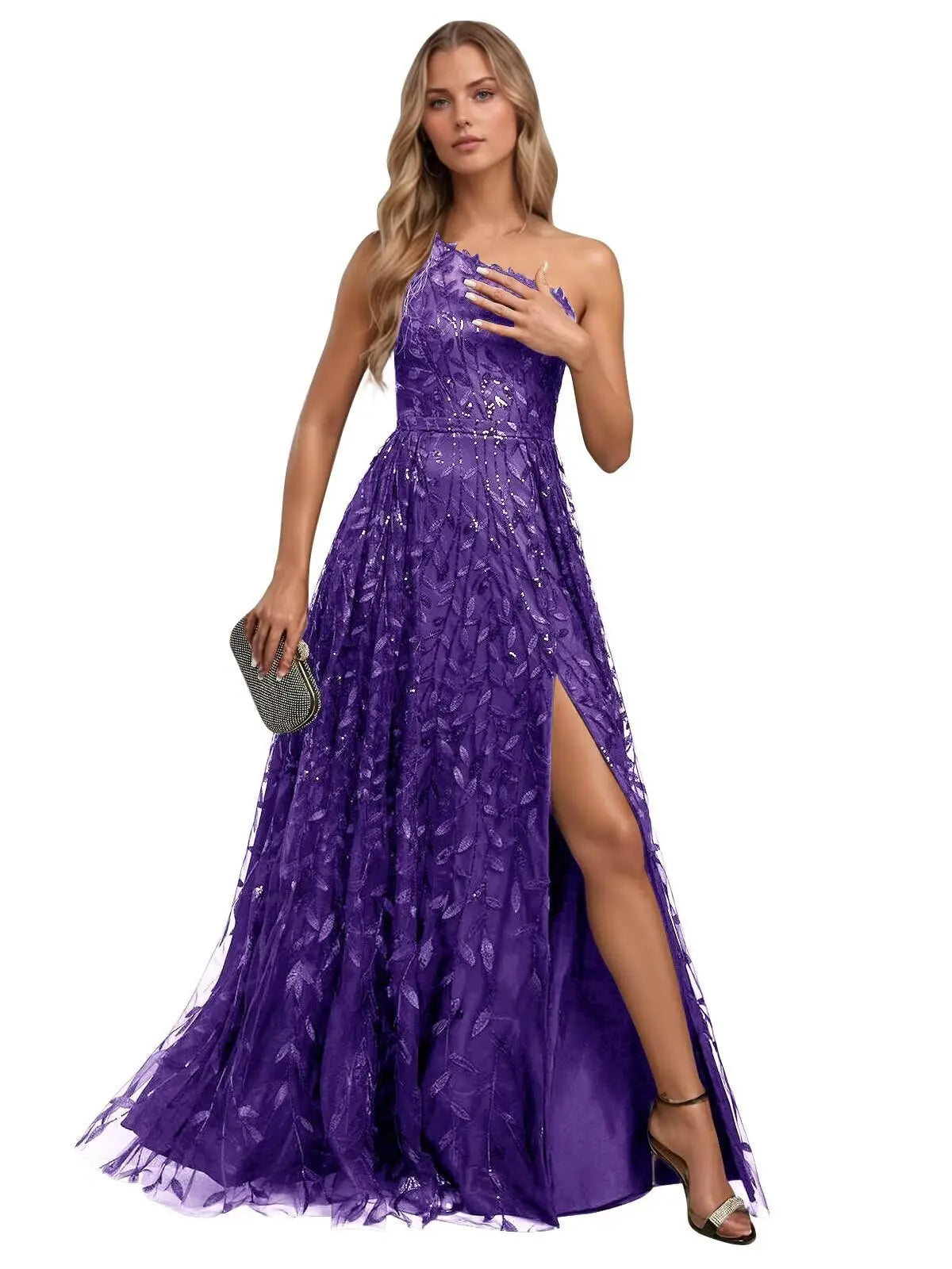 One Shoulder Lace Prom Dress with Slit