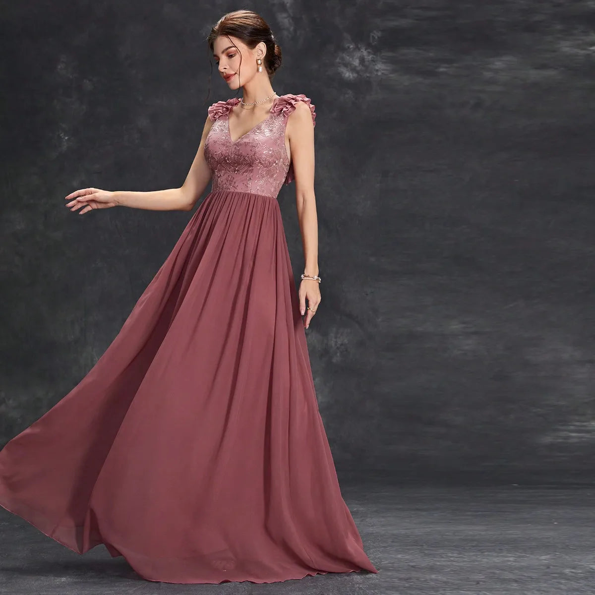 V-Neck Embroidered Chiffon Maxi Dress