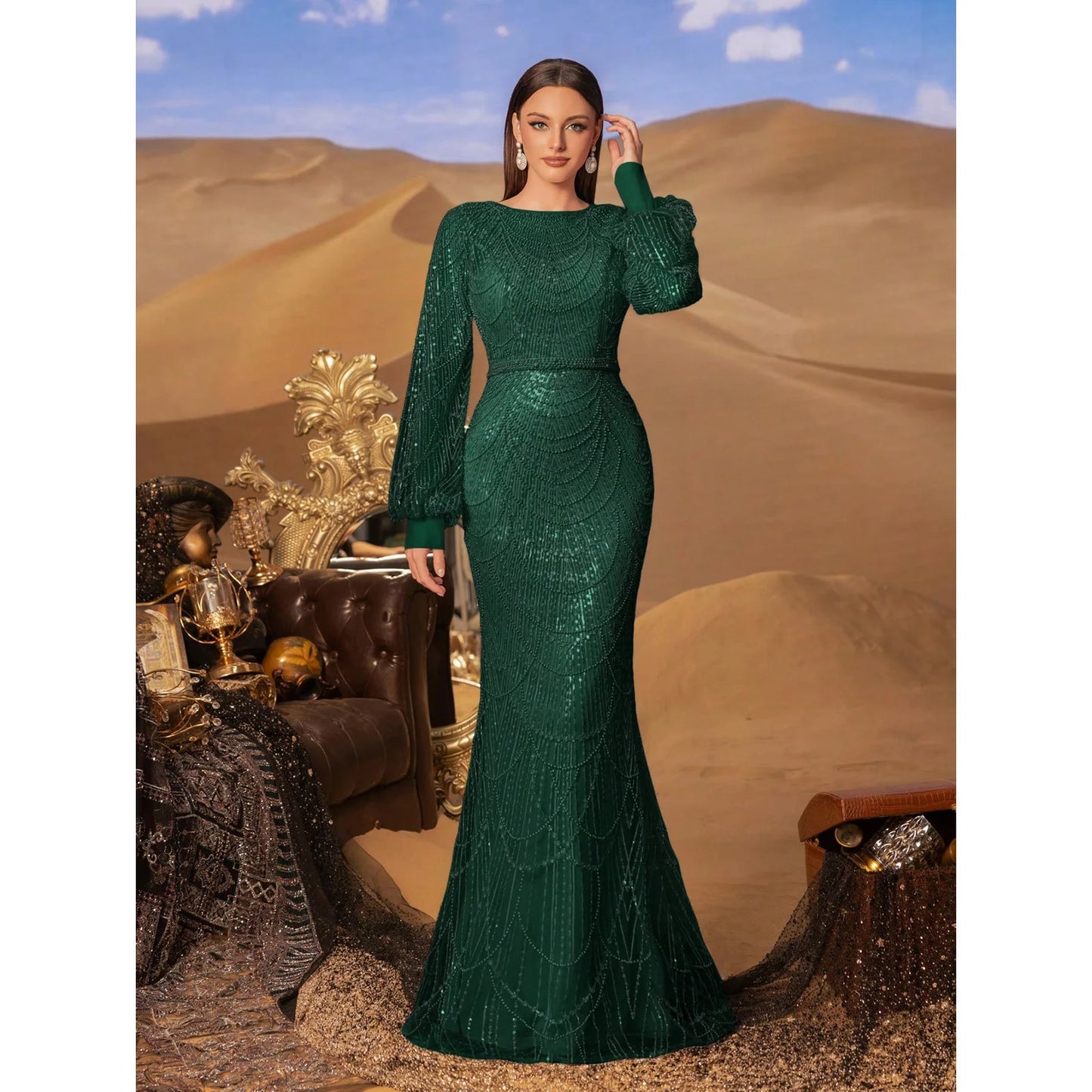 Elegant and luxurious sequined mermaid long-sleeved evening dresses, adorned with sparkling crystal beads.