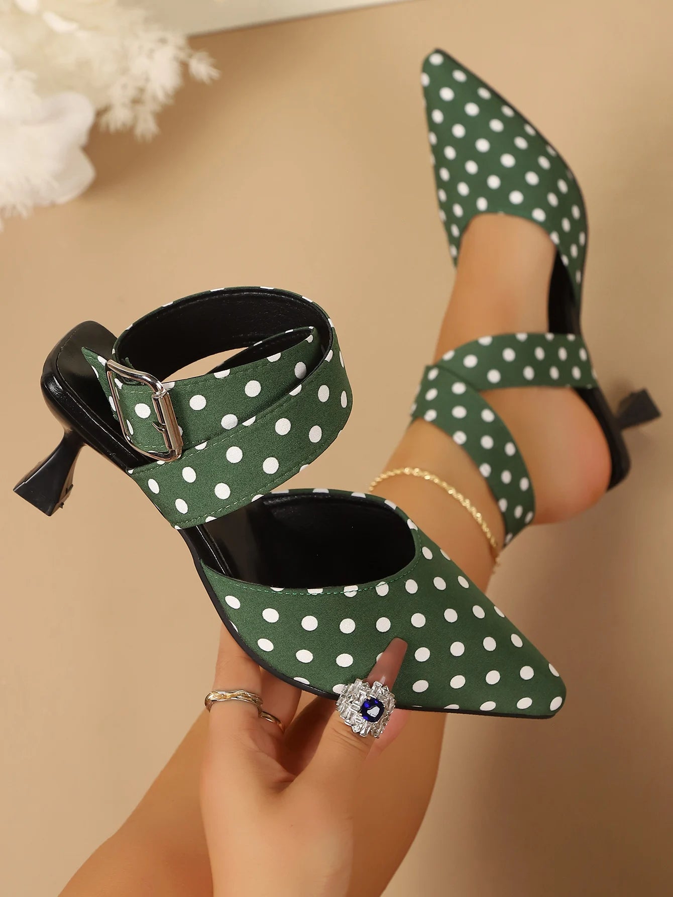 Ladies Cross-Band High Heels Sandals Thin Heel Summer New Polka Dot Slip-On Buckle Strap Elegant Footwear for Women