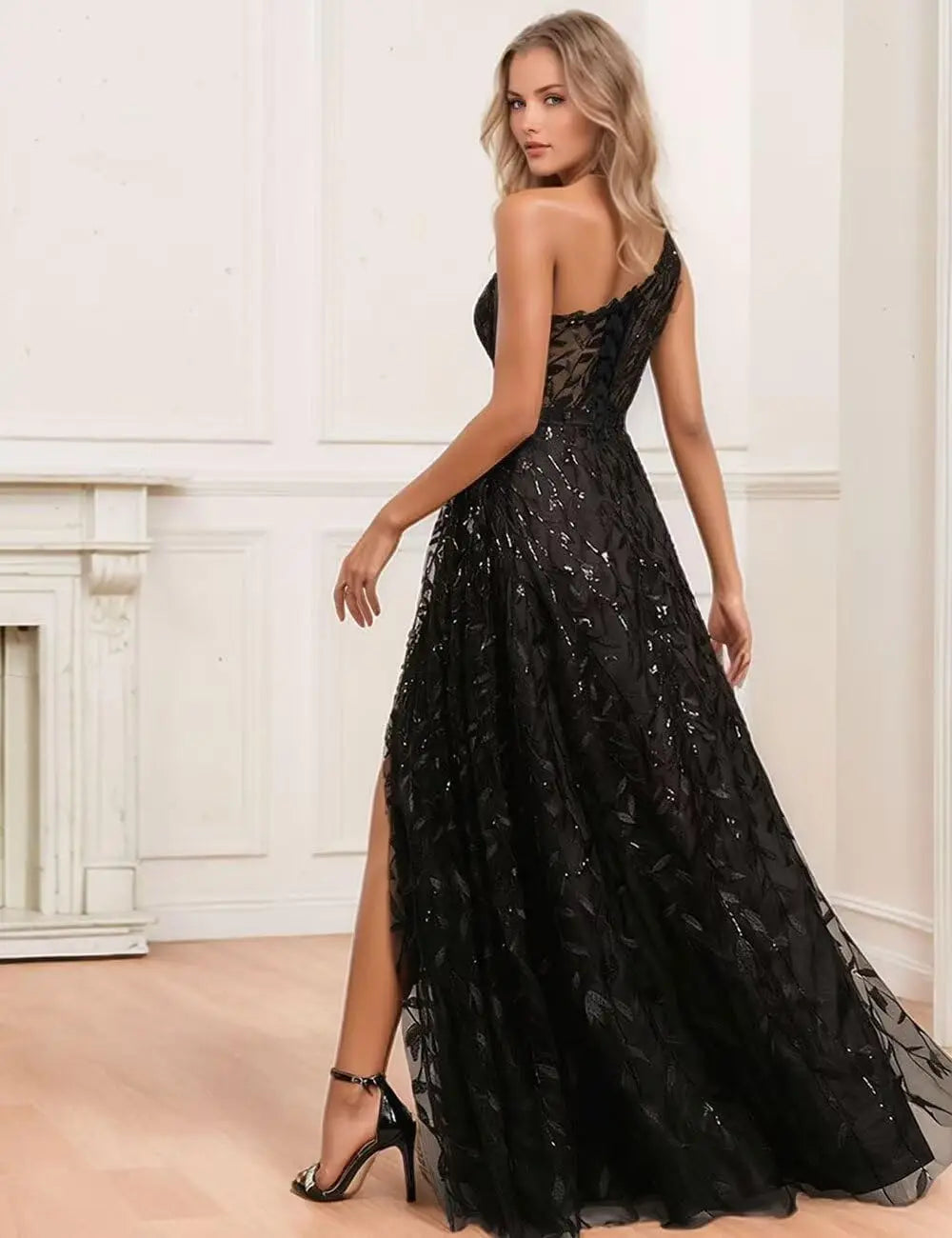 One Shoulder Lace Prom Dress with Slit