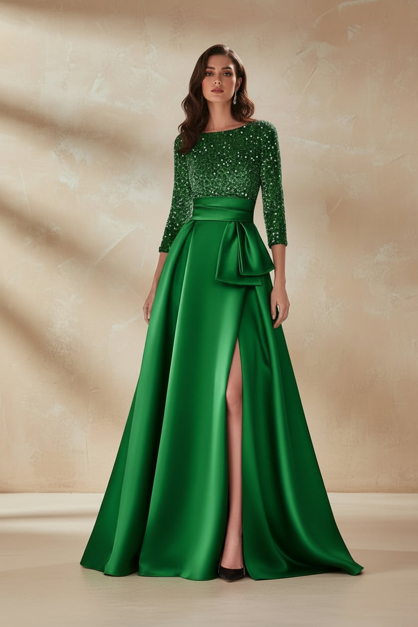 Long Sleeves Mother Of The Bride Dresses For Wedding Sparkly Sequin Ball Gowns Side Slit Satin Formal Party Prom Gown