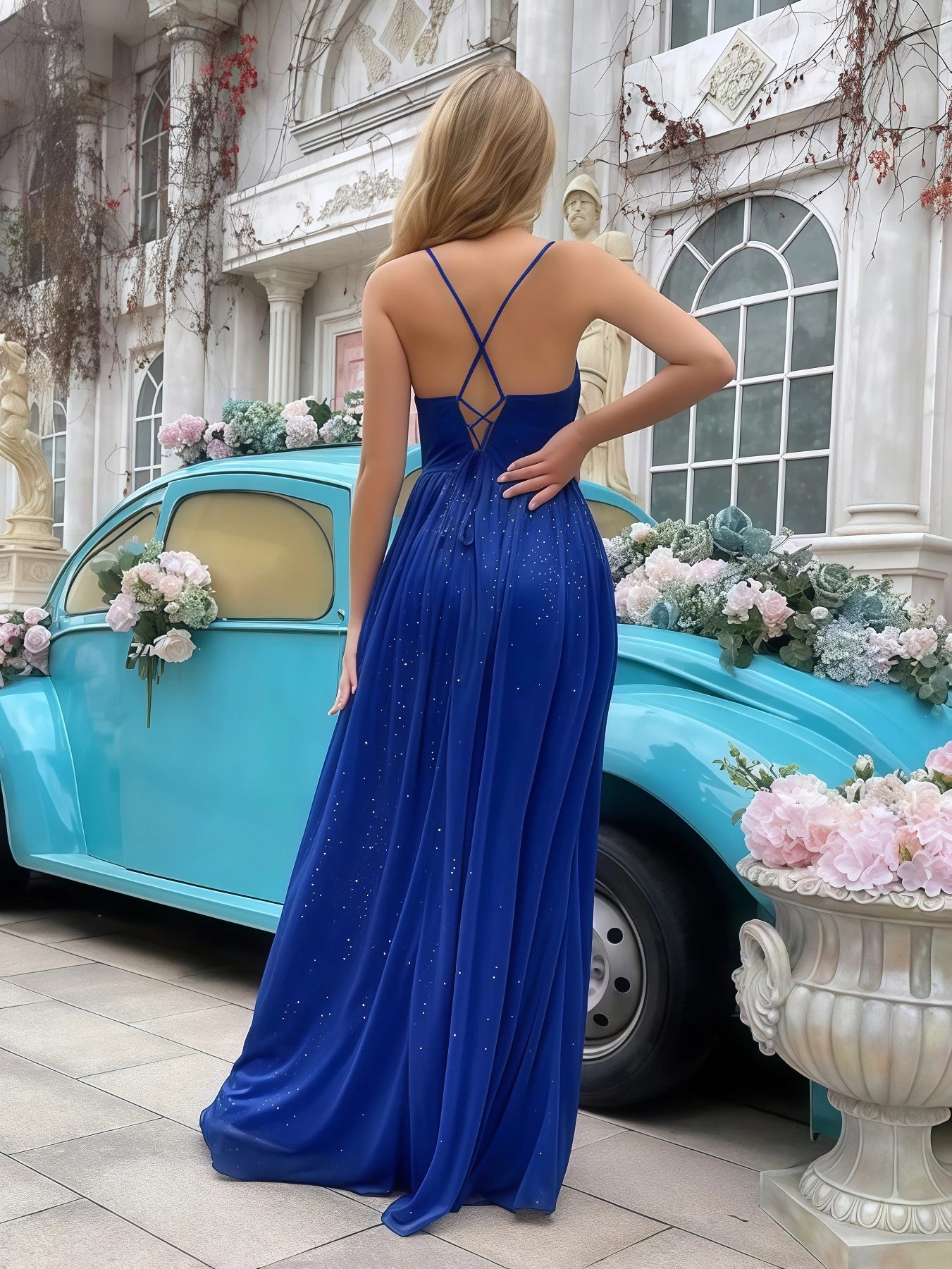 V-neck Slim Shoulder Strap Formal Dress Long Ball Dress Wedding Bridesmaids Guests Dinner Cocktail Party Dress