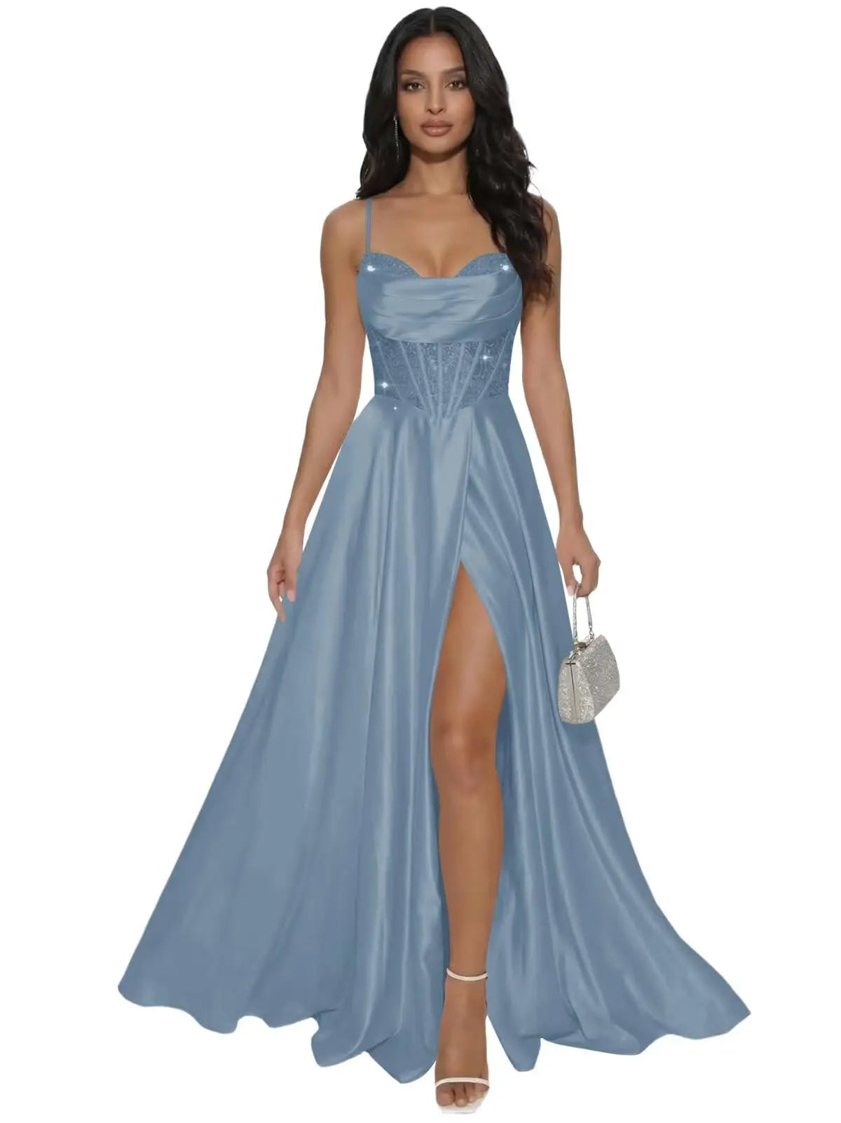 Pleated Satin A Line Prom Dresses for Women Spaghetti Straps Sequin Corset Formal Dress with Slit Formal Dress Women Elegant