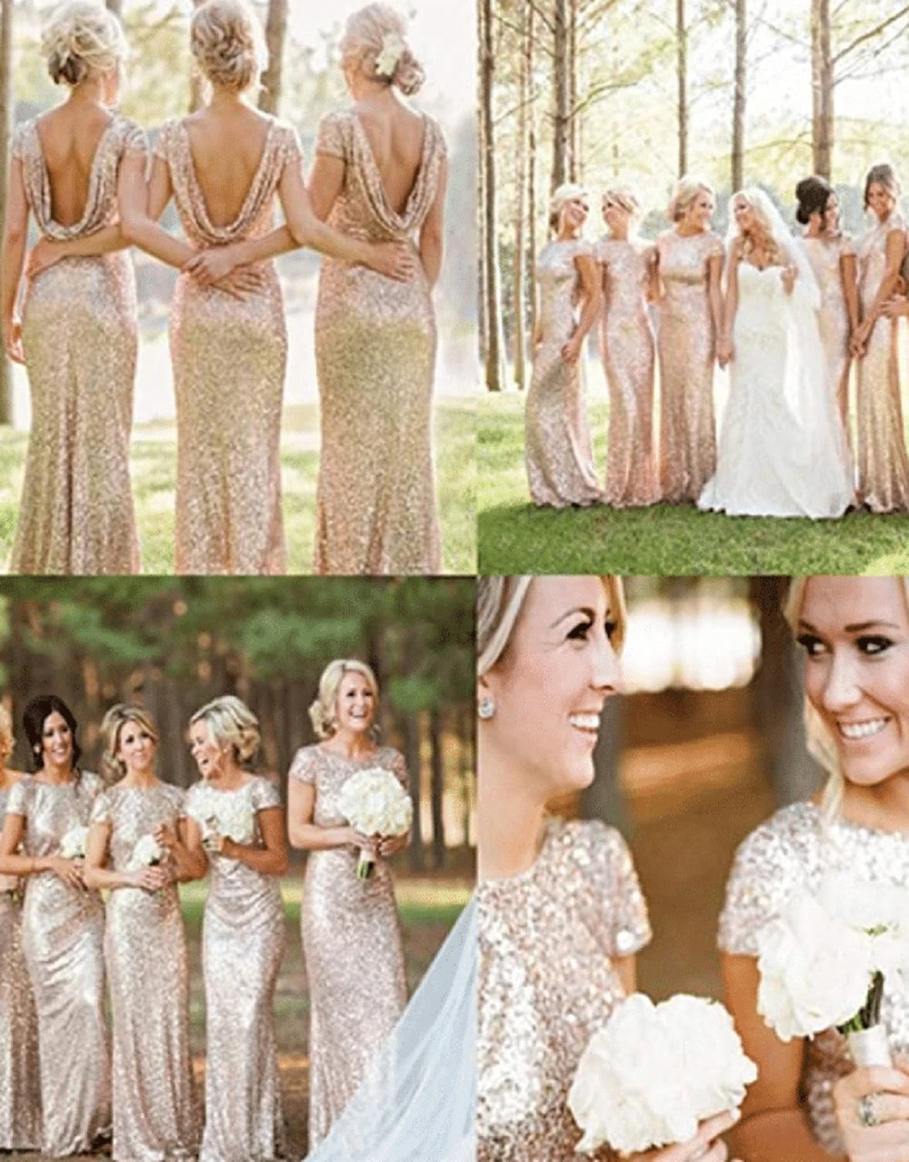 Women Bridesmaid Dresses Formal Wedding Party Guest Gown Mermaid  Sequins Short Sleeves O Neck Backless Rose Gold Champagne