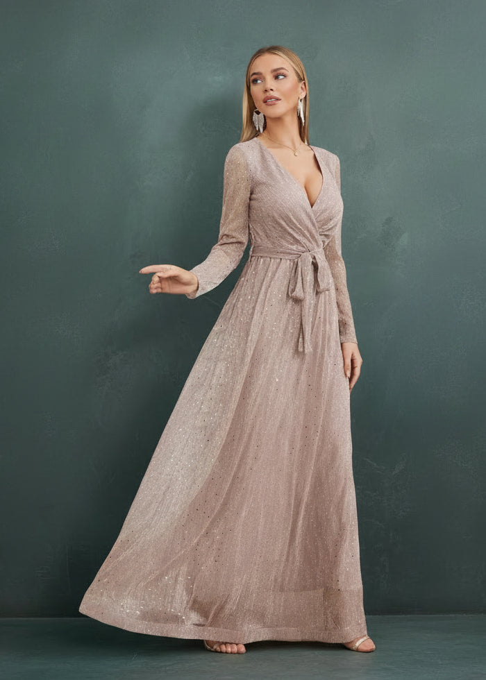 Glitter Mesh Long Sleeve Evening Dress