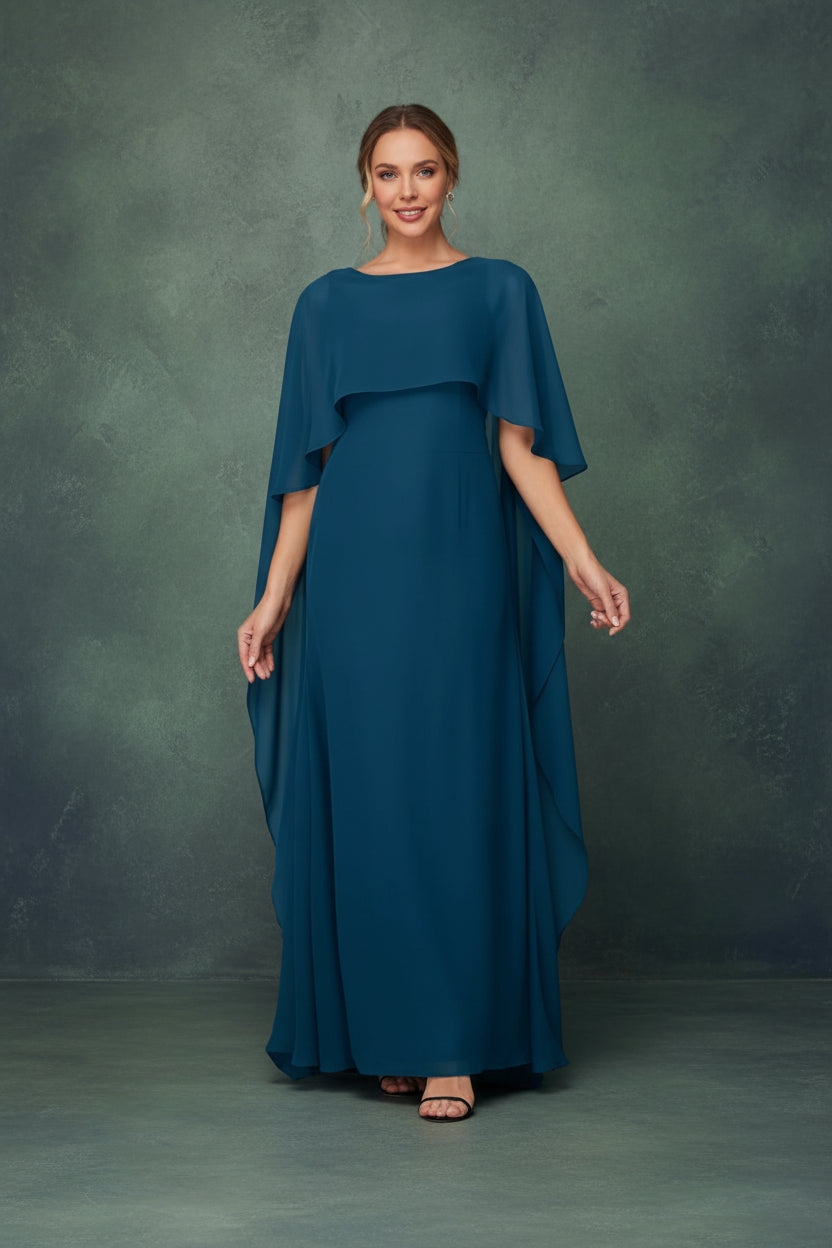 Women's Formal Dress Short Sleeves Scoop Neck Evening Dress Floor Length Chiffon Mother Of The Bride Dresses With Cap