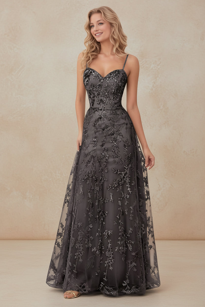 Tulle Formal Dress Laces Spaghetti Strap Sparkly Prom Dress