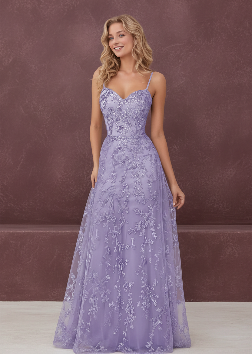 Tulle Formal Dress Laces Spaghetti Strap Sparkly Prom Dress