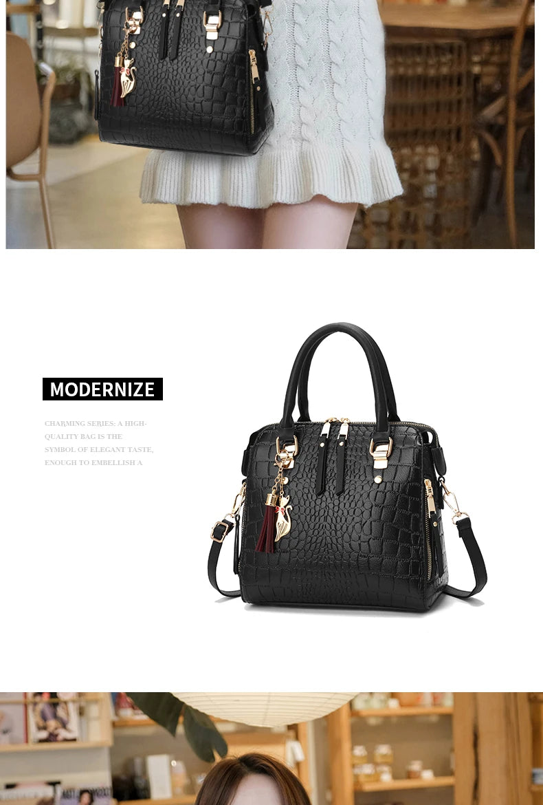 Crocodile Embossed Satchel Tote Bag