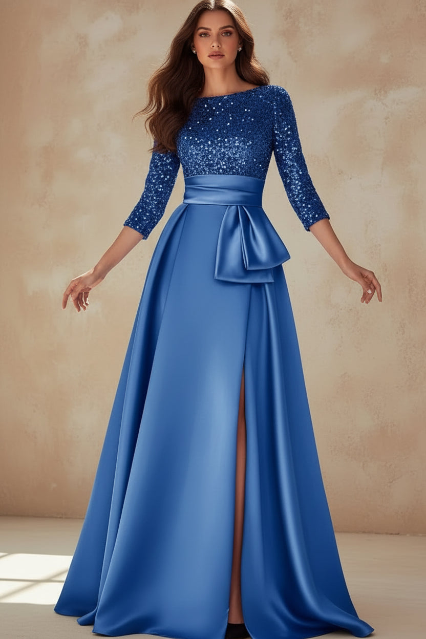 Long Sleeves Mother Of The Bride Dresses For Wedding Sparkly Sequin Ball Gowns Side Slit Satin Formal Party Prom Gown