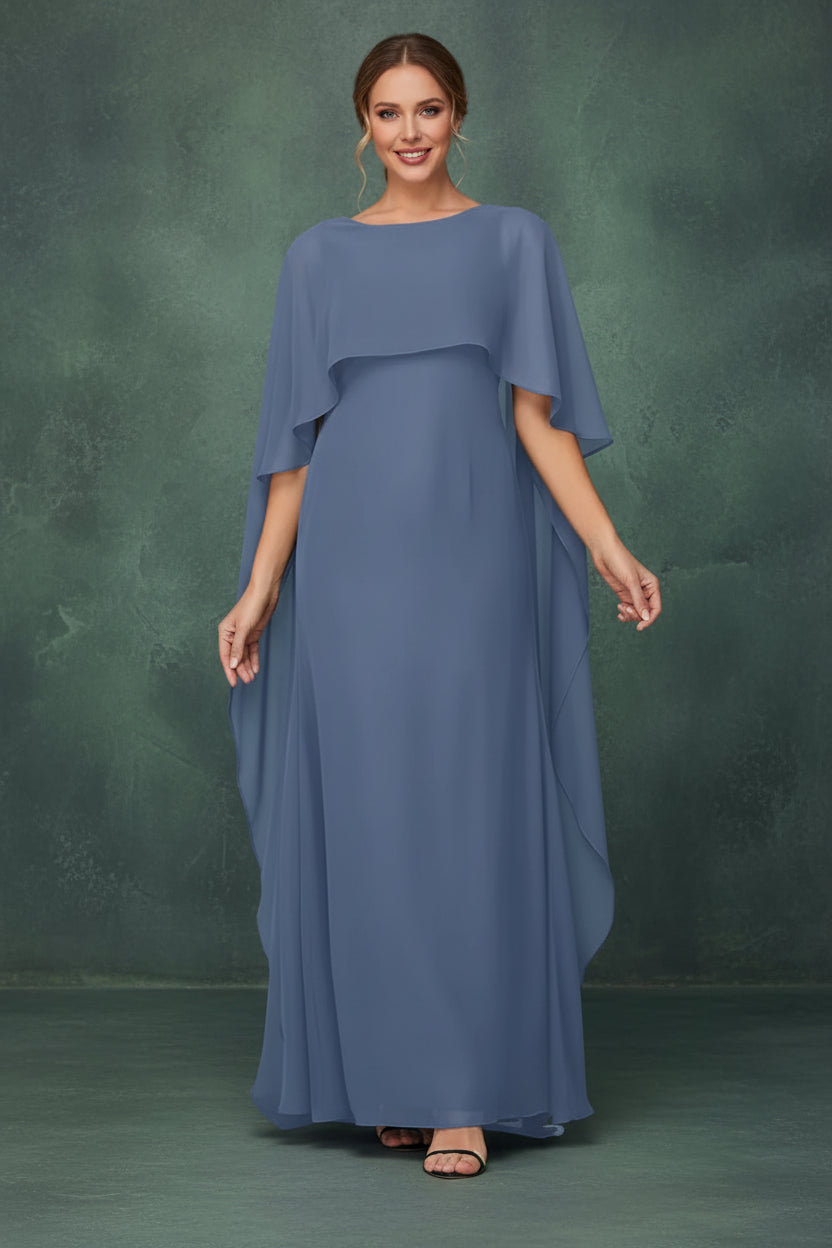 Women's Formal Dress Short Sleeves Scoop Neck Evening Dress Floor Length Chiffon Mother Of The Bride Dresses With Cap