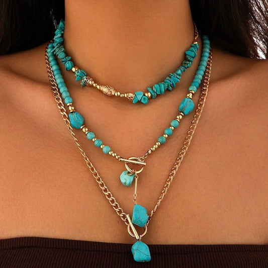 KunJoe 3Pcs Vintage Blue Natural Stone Beads Choker Necklaces for Women Bohemia Geometry Pendant Necklace Trendy Neck Jewelry