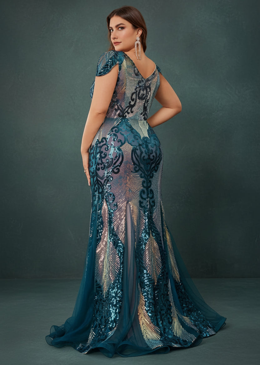 Plus Size Luxurious Short Sleeve Sequin Formal Evening Dress