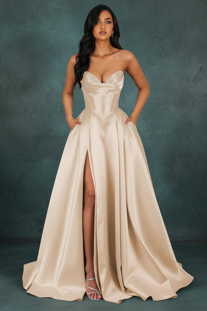 Strapless Sequin Prom Dresses Long with Slit Satin Formal Party Dress