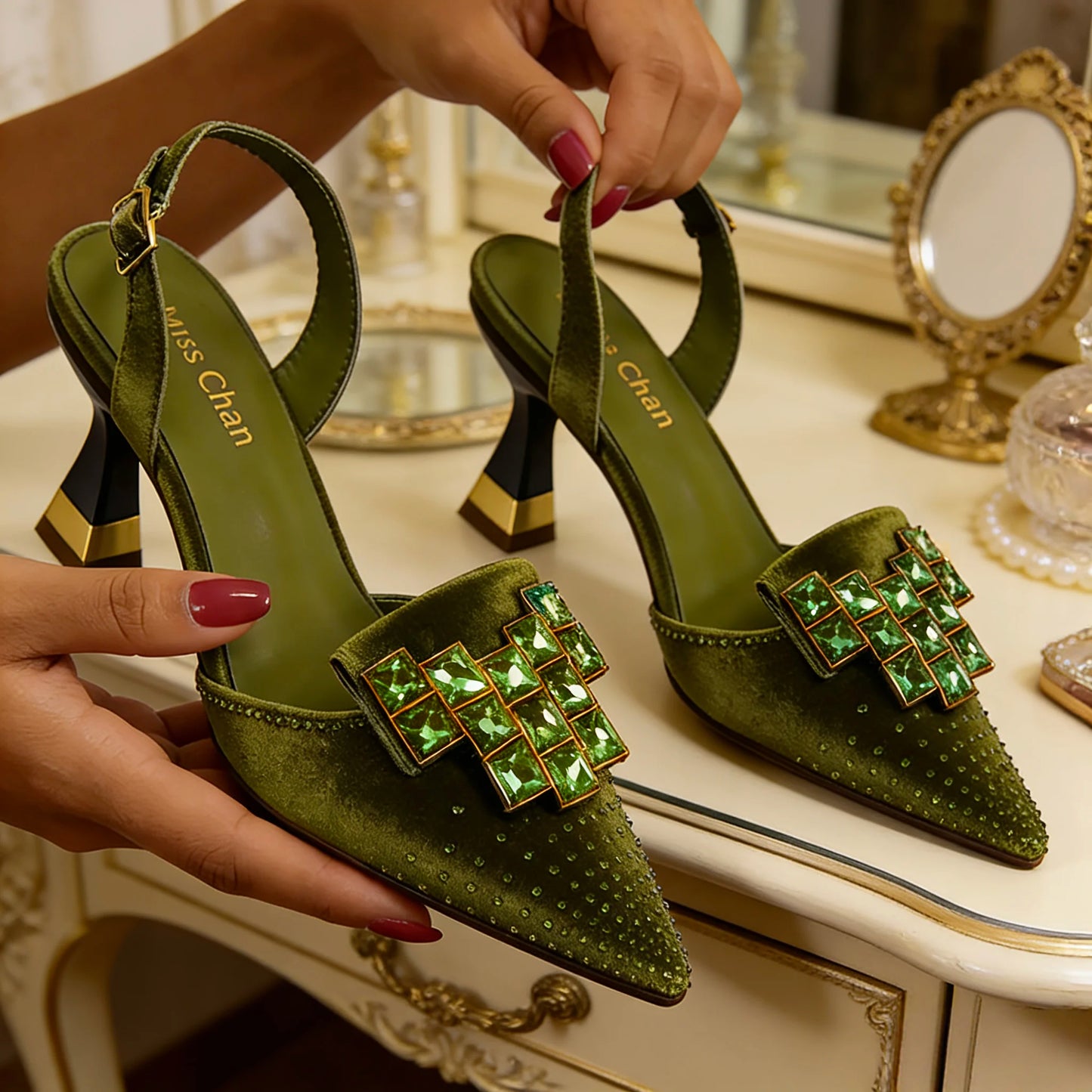 Venus Chan 2026 Elegant Green Slingback Heels with Rhinestones – Italian Design, Pointed Toe Bridal & Evening Party Footwear