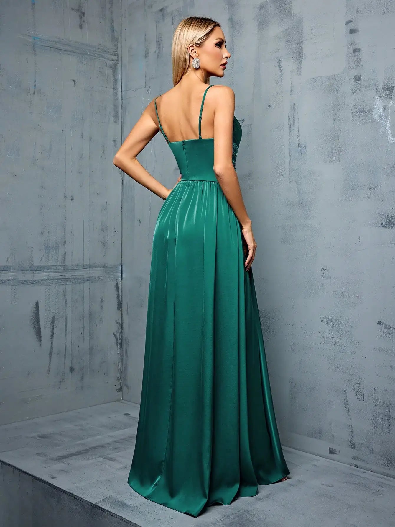 Deep V Sequin Slit Evening Gown