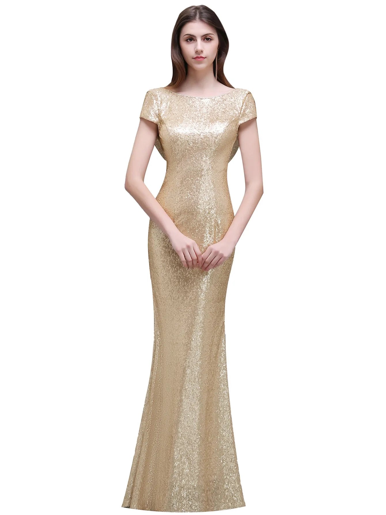 Women Bridesmaid Dresses Formal Wedding Party Guest Gown Mermaid  Sequins Short Sleeves O Neck Backless Rose Gold Champagne