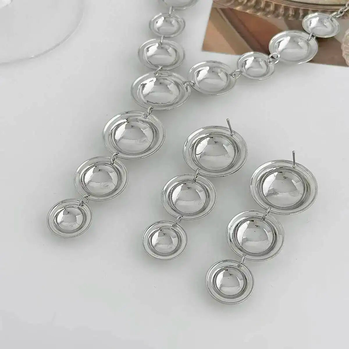 KunJoe Luxury Glossy Round Pendant Necklace Drop Earrings Jewelry Set for Women Elegant Sexy Y-Shaped Long Chain Necklace Gifts