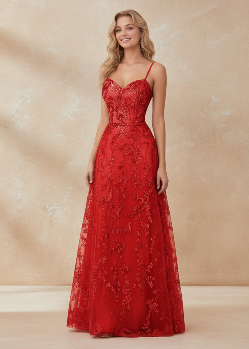 Tulle Formal Dress Laces Spaghetti Strap Sparkly Prom Dress