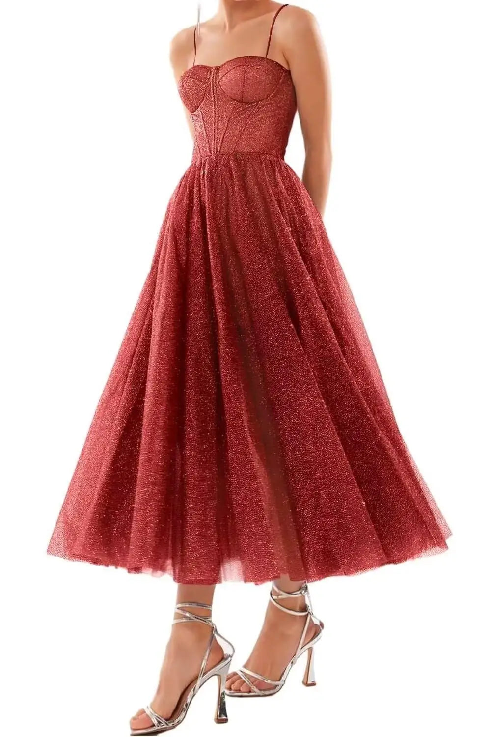 A Line Glitter Tea Length Formal Evening Cocktail Party Dresses for Women, Sequined Spaghetti Midi Corset Prom Gowns Cocktail