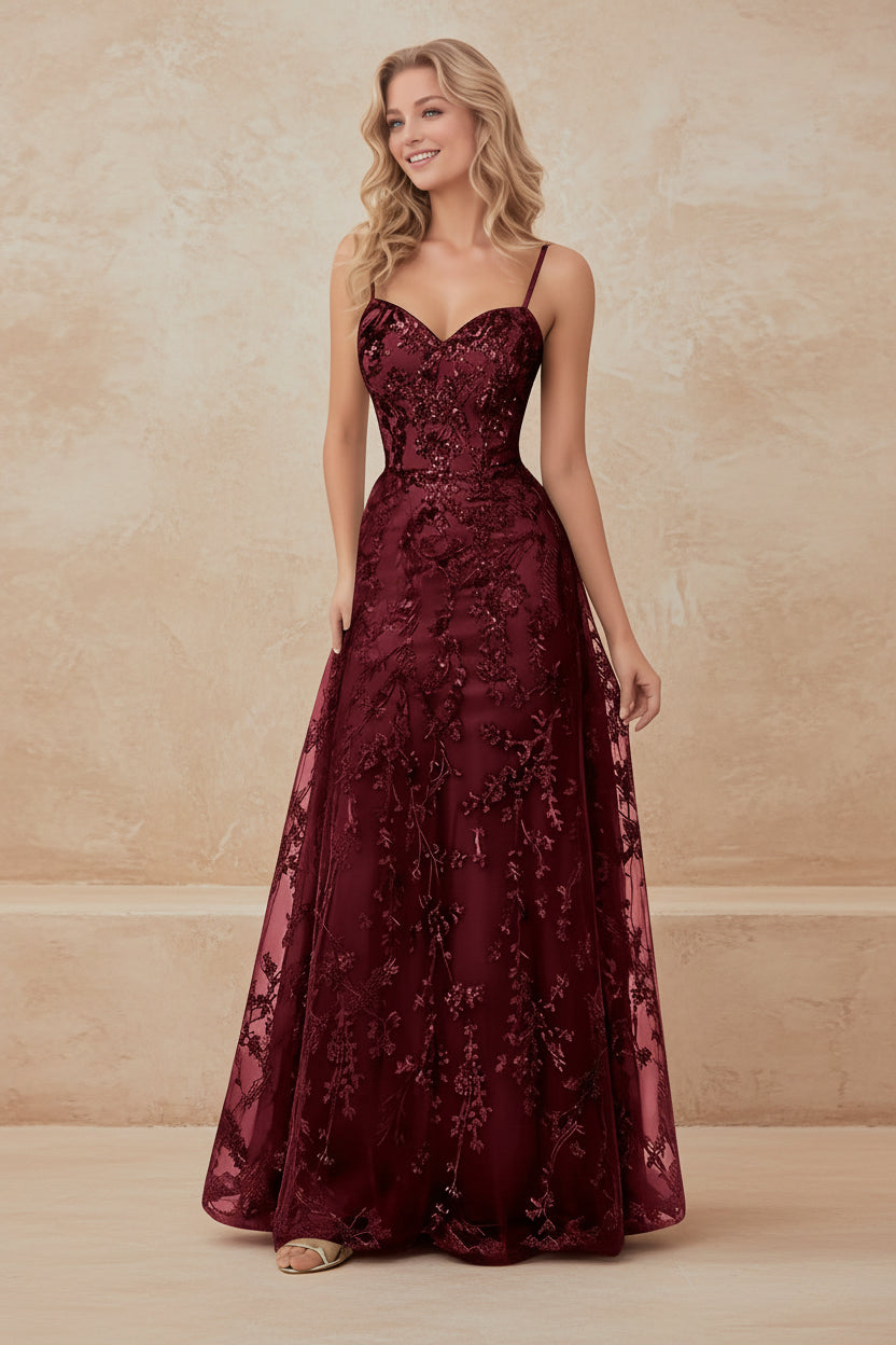 Tulle Formal Dress Laces Spaghetti Strap Sparkly Prom Dress