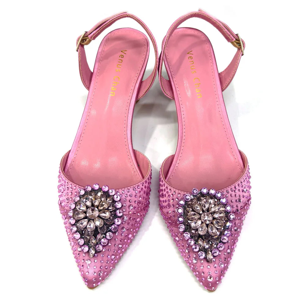 Venus Chan Blue Color Rhinestone Comfortable high heel shoe And Bag Fashion Style Pointed-Toe Shoes For Women Or Commuting Shoes
