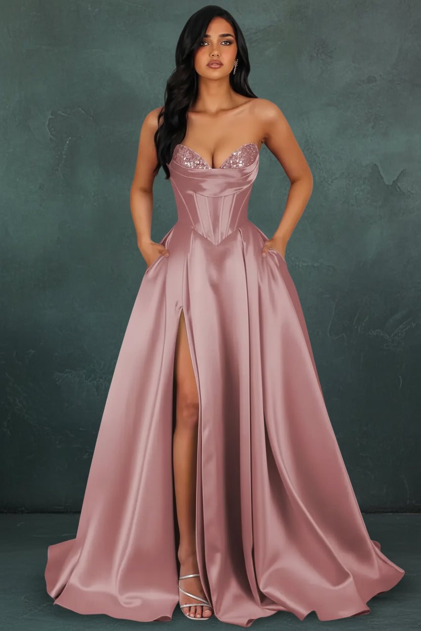Strapless Sequin Prom Dresses Long with Slit Satin Formal Party Dress
