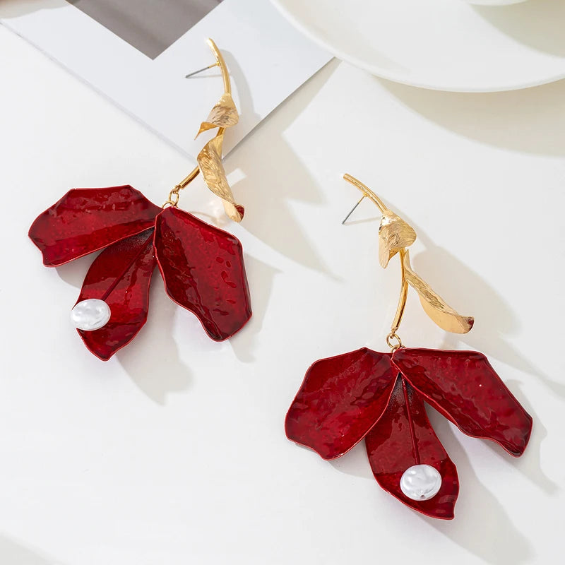 Vintage Red Drip Oil Flower Long Tassel Pendant Earrings
