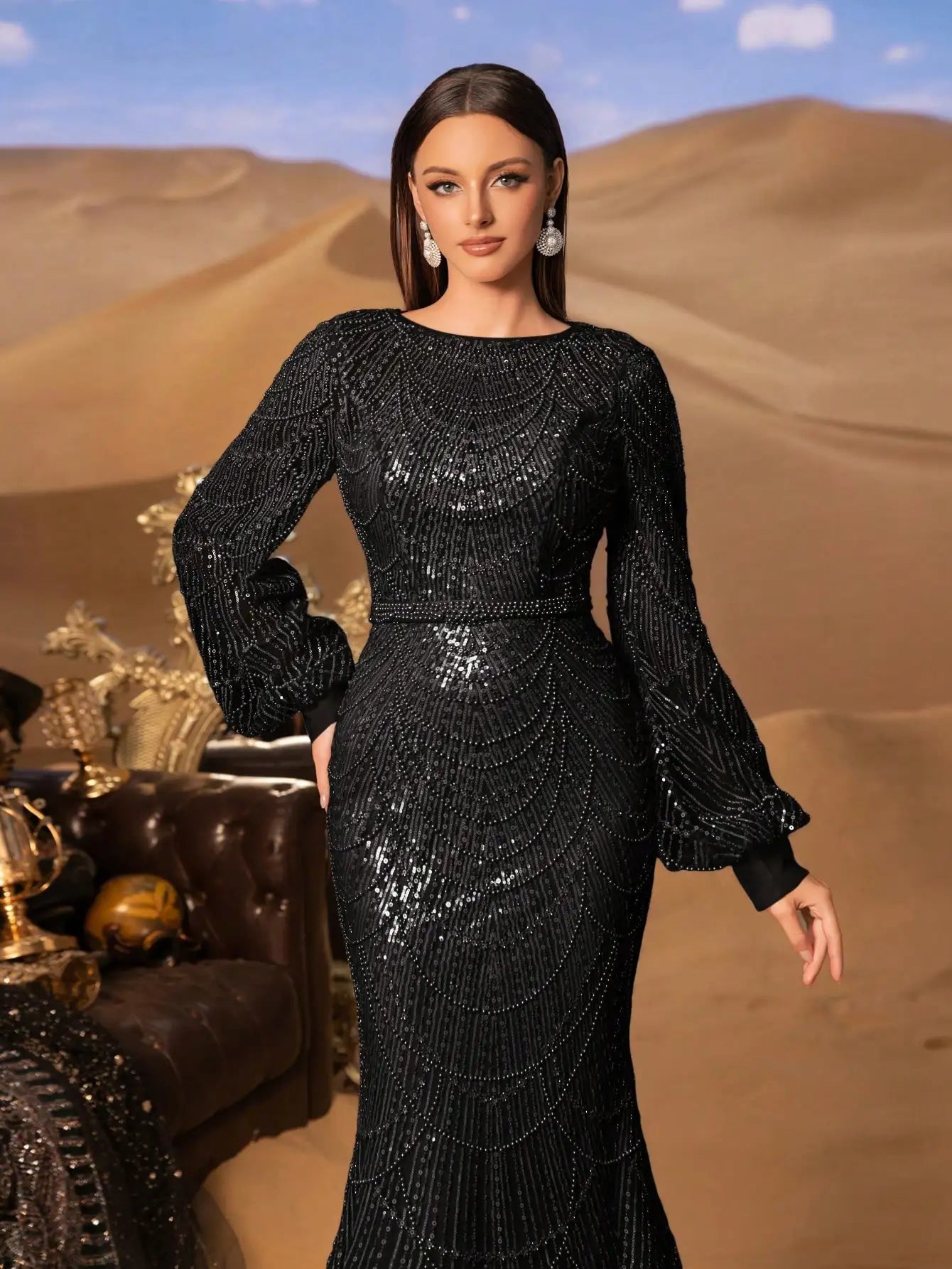 Elegant and luxurious sequined mermaid long-sleeved evening dresses, adorned with sparkling crystal beads.