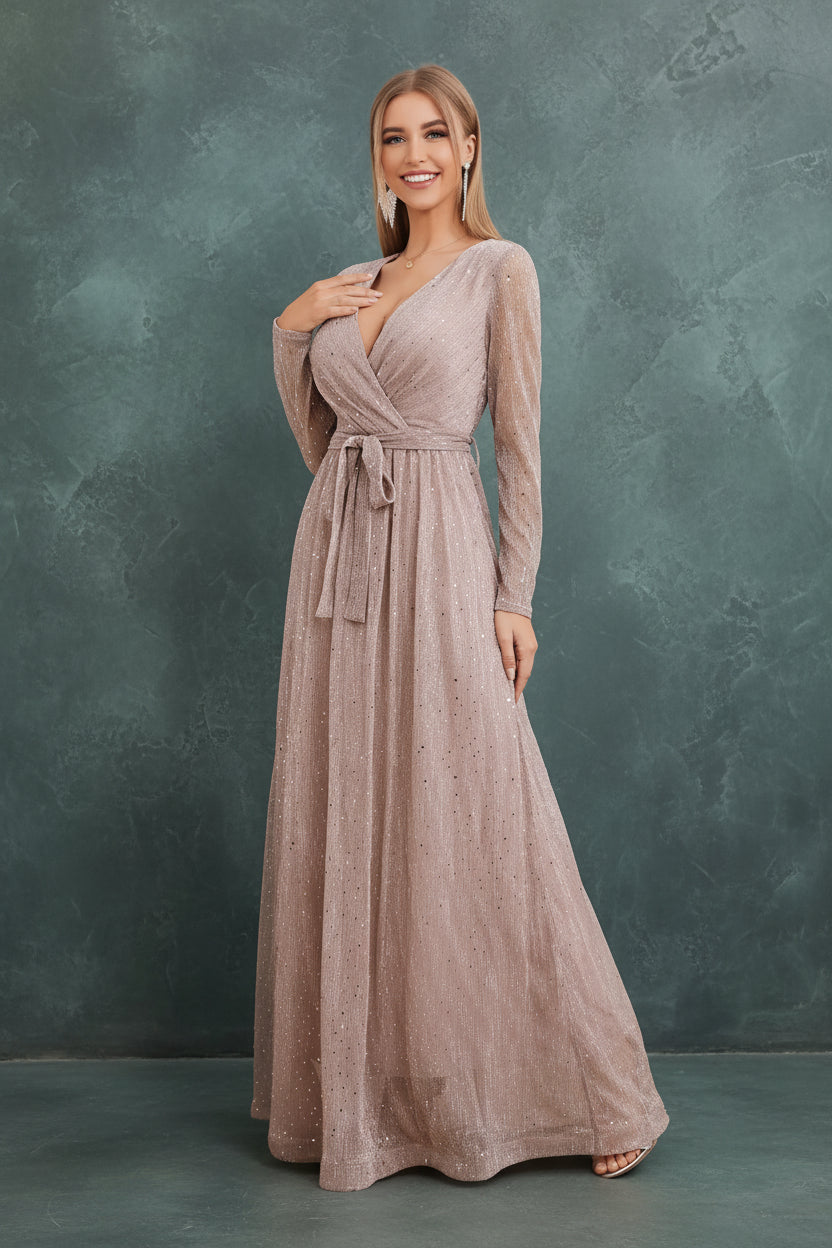Glitter Mesh Long Sleeve Evening Dress