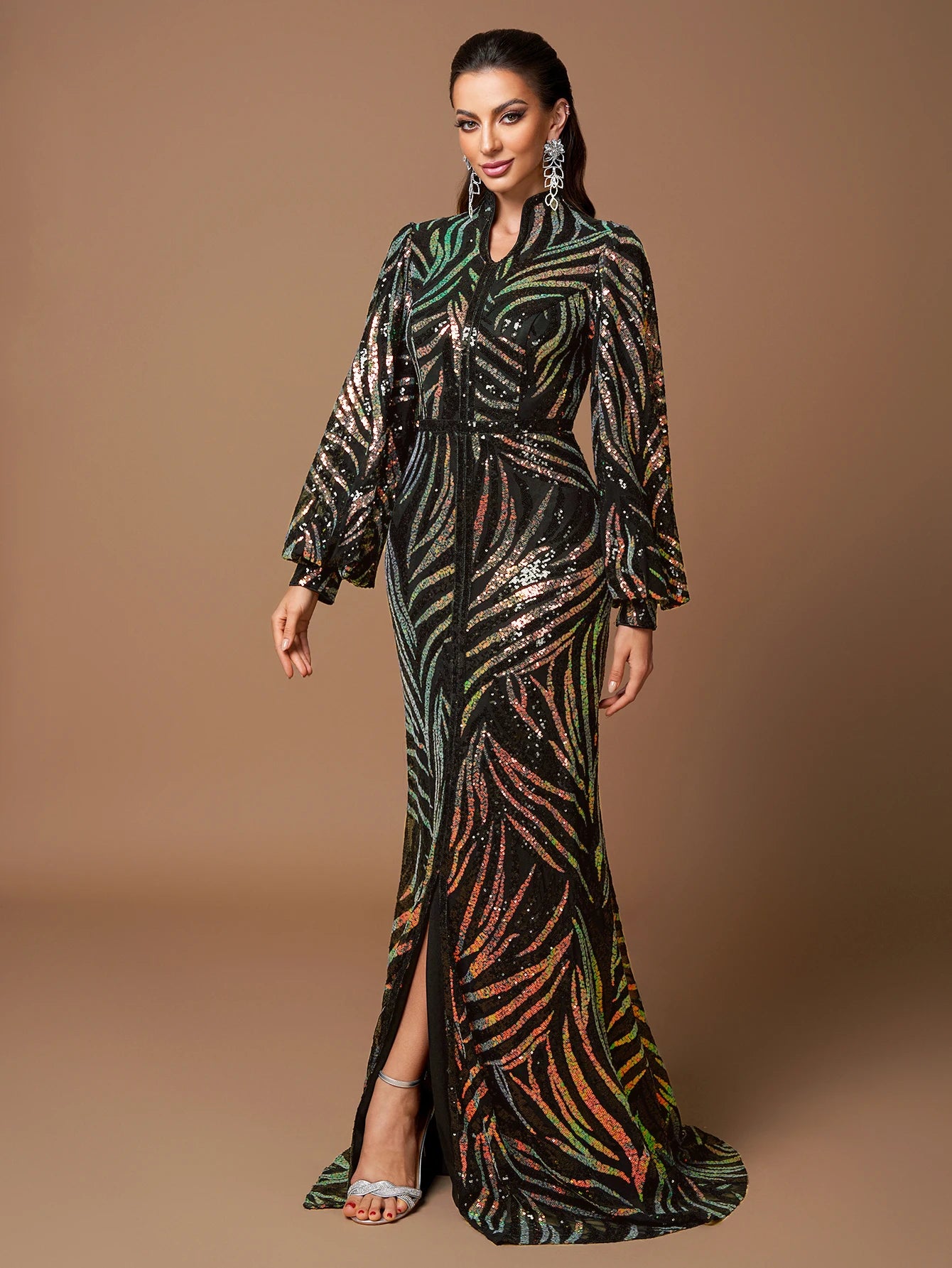 Beaded Long Sleeve Formal Evening Gown
