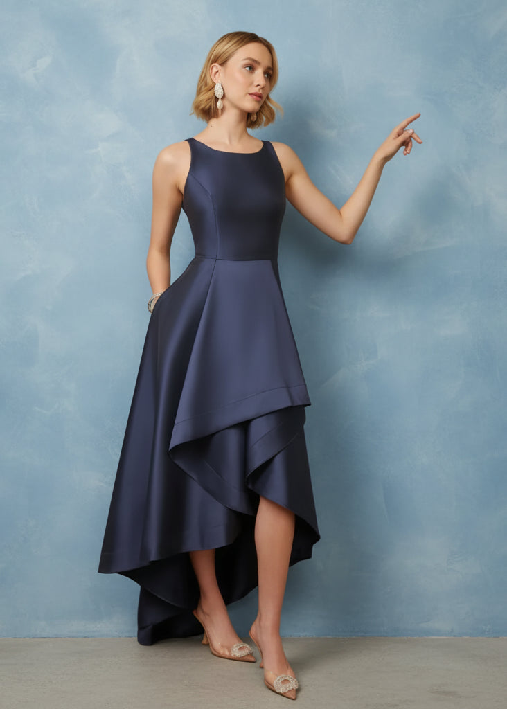 Women's Satin Hi-Low Prom Dress Sleeveless Round Neck A Line Formal Dress Elegance Evening Party Gown