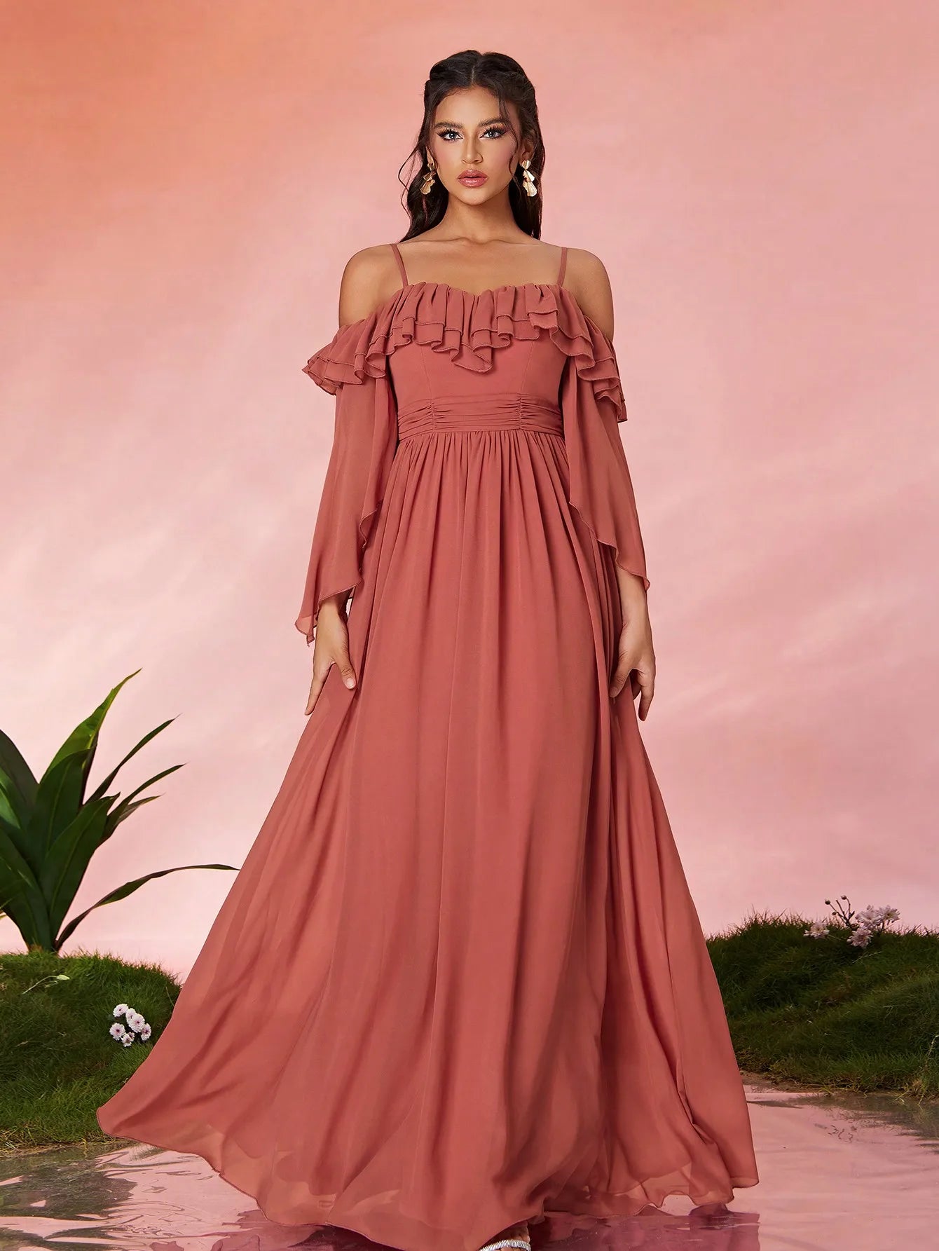 One Shoulder Ruffle Chiffon Evening Gown