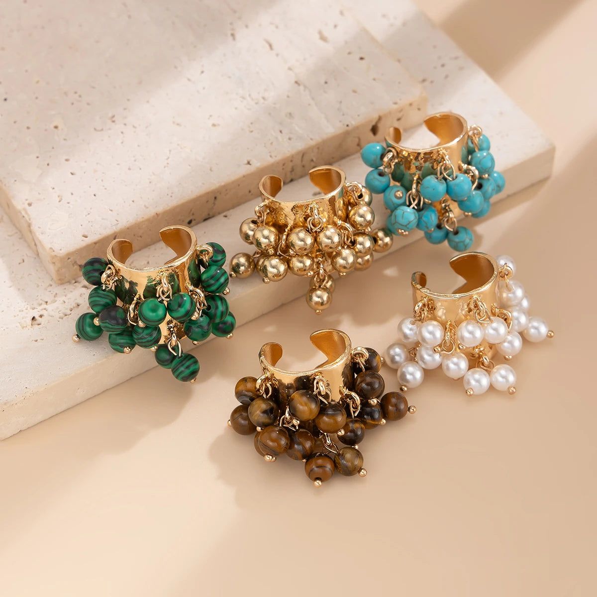 Salircon Trendy Imitation Pearl Stone CCB Small Ball Ring Women's Man 2024 Vintage Street Punk Hip Hop Ring Female Jewelry