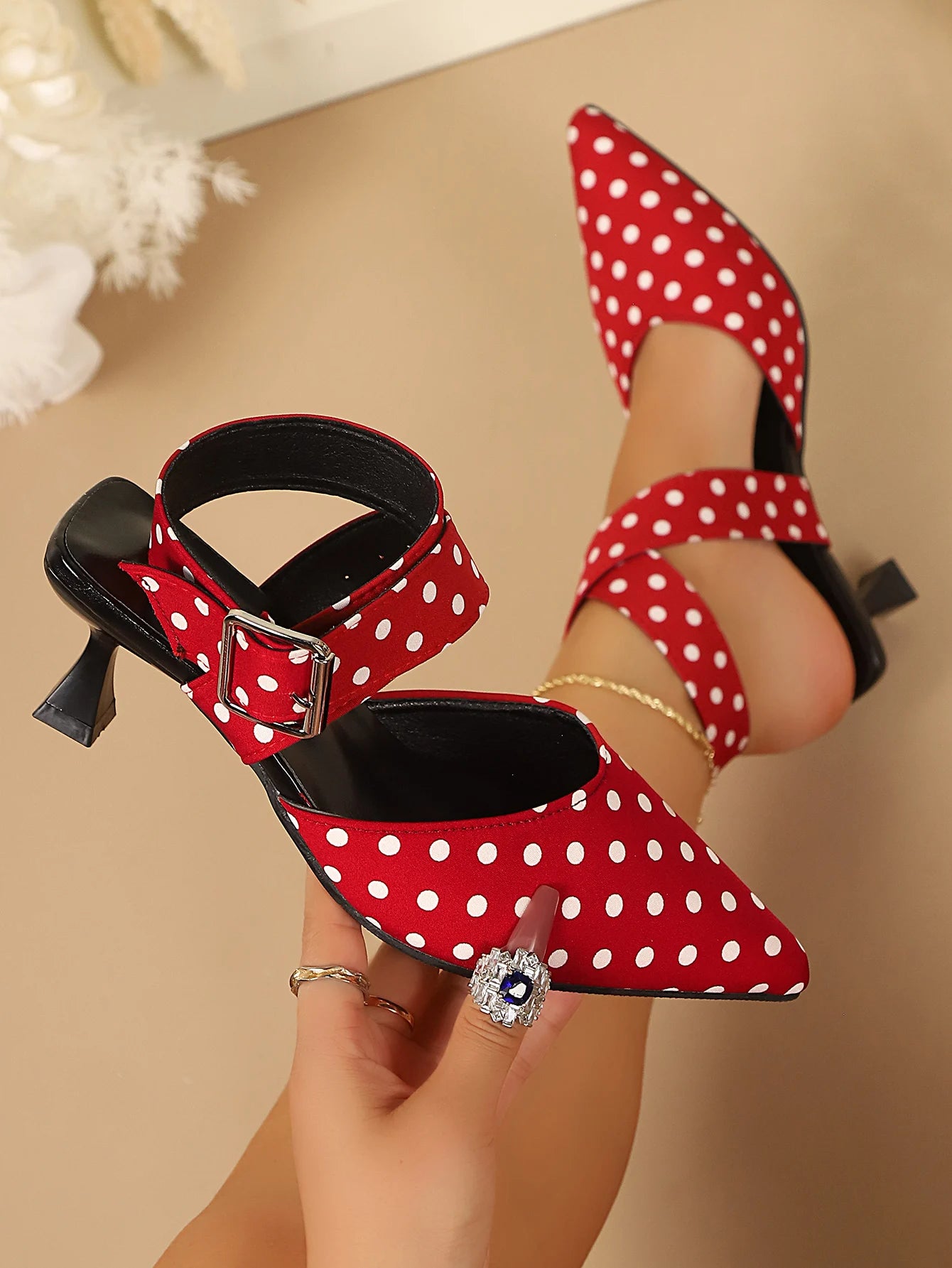 Ladies Cross-Band High Heels Sandals Thin Heel Summer New Polka Dot Slip-On Buckle Strap Elegant Footwear for Women