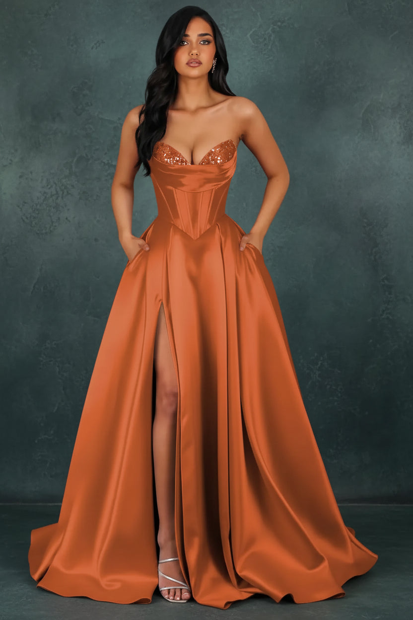 Strapless Sequin Prom Dresses Long with Slit Satin Formal Party Dress
