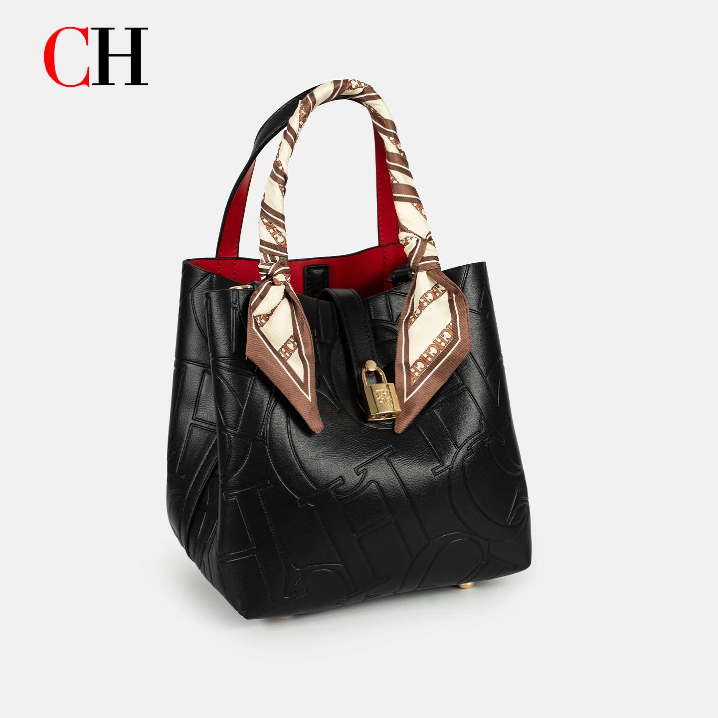 CH Womens Embossed Leather Bucket Bag with Silk Scarf Lock Decor Luxury Designer Handbag Large Capacity Crossbody Tote