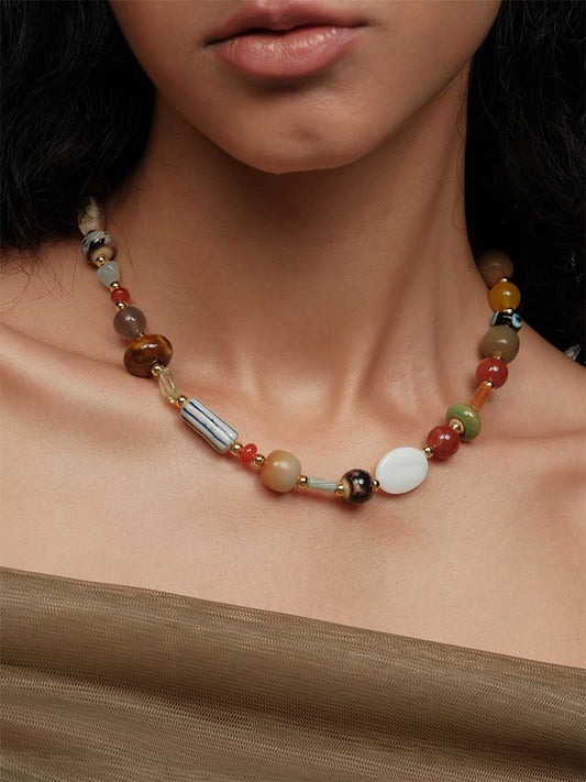 Miranda Trendy Vintage Natural Stone Colorful Handmade Beaded Unique Necklace