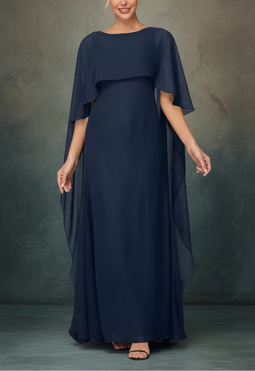 Women's Formal Dress Short Sleeves Scoop Neck Evening Dress Floor Length Chiffon Mother Of The Bride Dresses With Cap