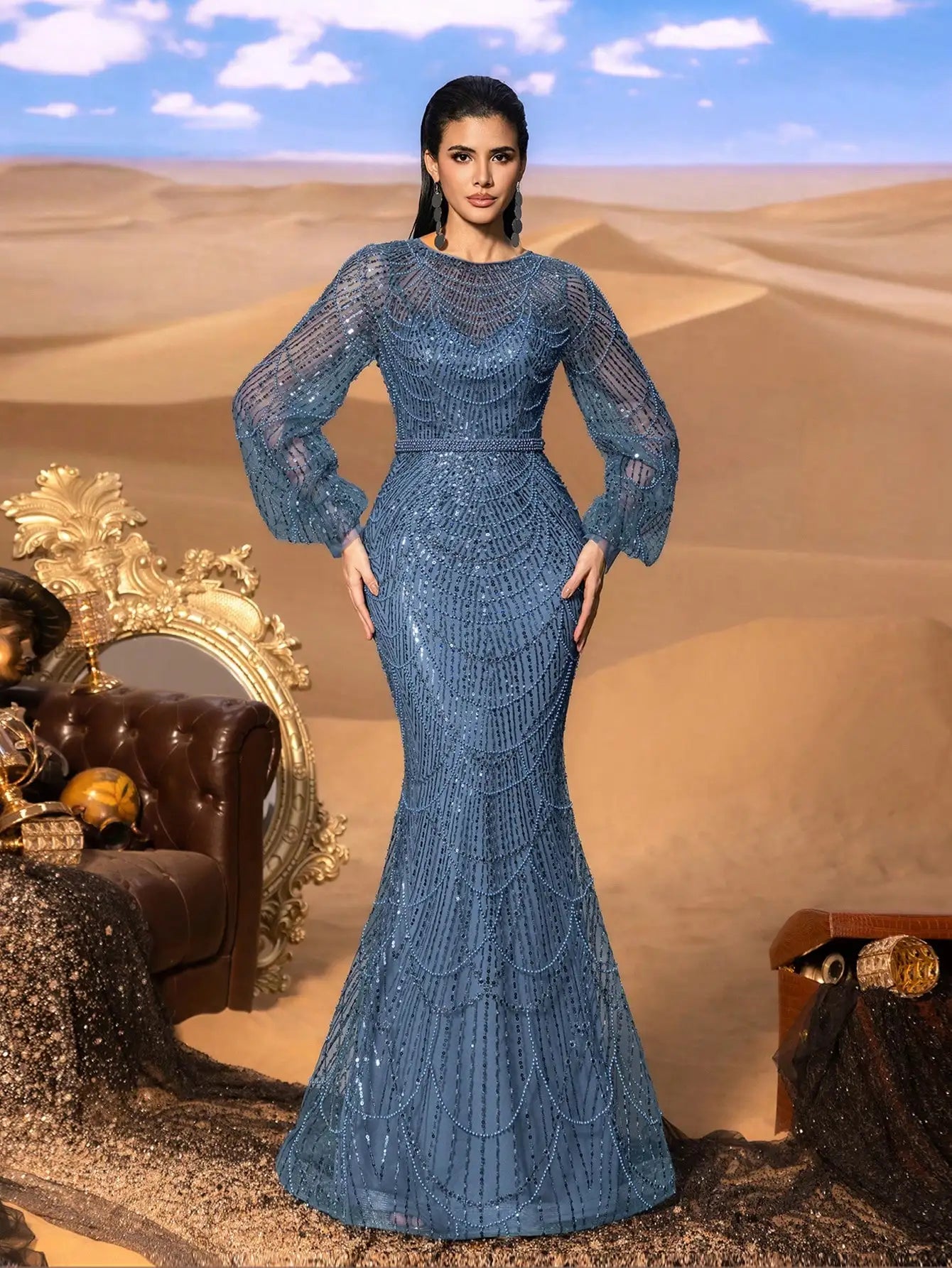 Elegant and luxurious sequined mermaid long-sleeved evening dresses, adorned with sparkling crystal beads.
