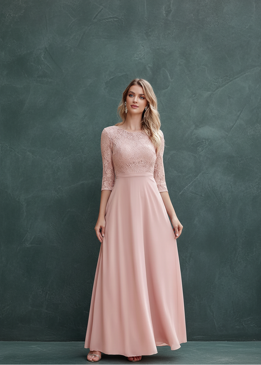 BABYONLINE In Stock Bridesmaid Gown Long Sleeve Floral Lace Appqulies Chiffon A-line Skirt Boho Wedding Party Guest Gown