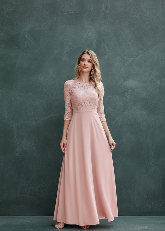 BABYONLINE In Stock Bridesmaid Gown Long Sleeve Floral Lace Appqulies Chiffon A-line Skirt Boho Wedding Party Guest Gown