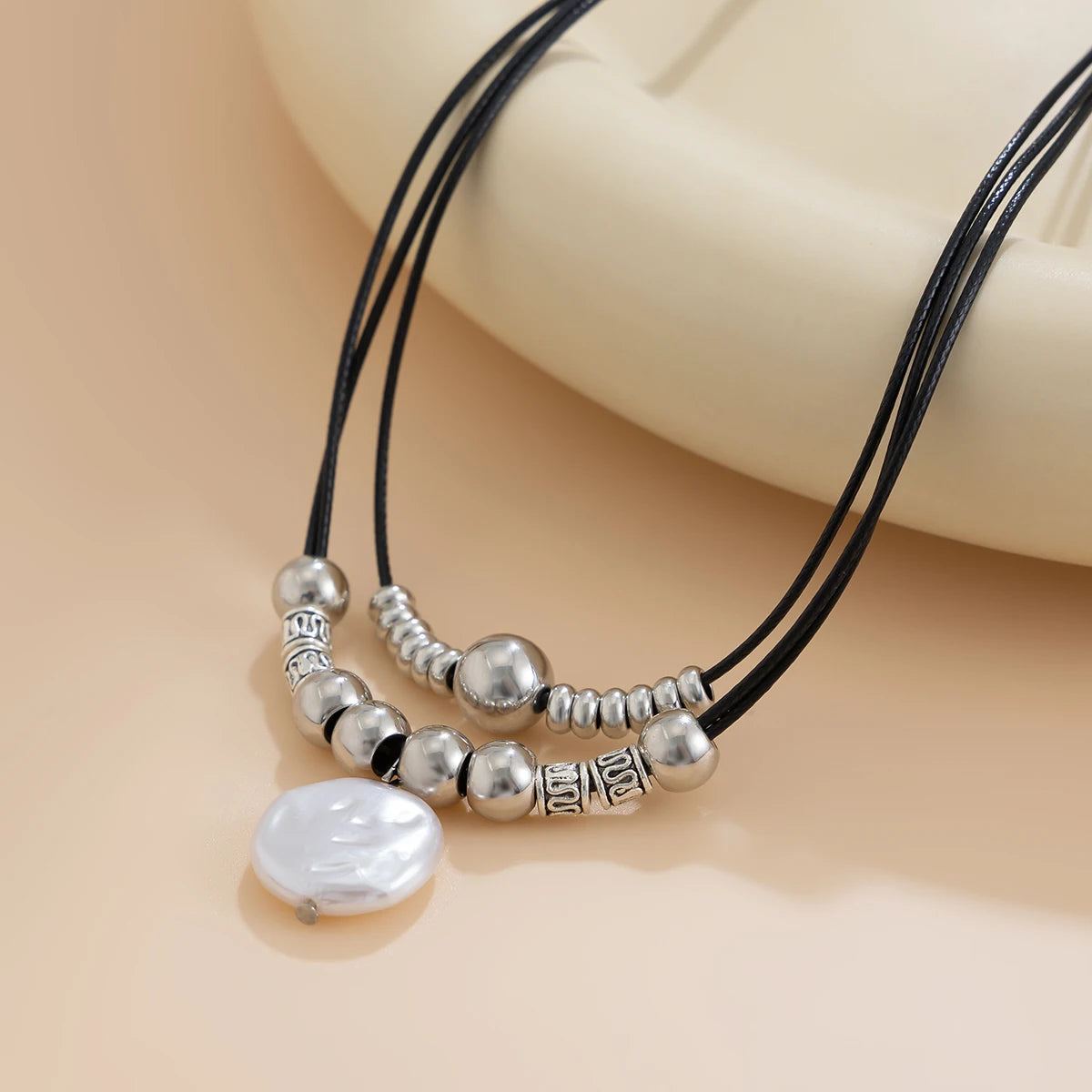 KunJoe Vintage Multilayer Leather Rope Chain Beaded Choker Short Necklace Women Ethnic Imitation Pearl Pendant Necklace Jewelry