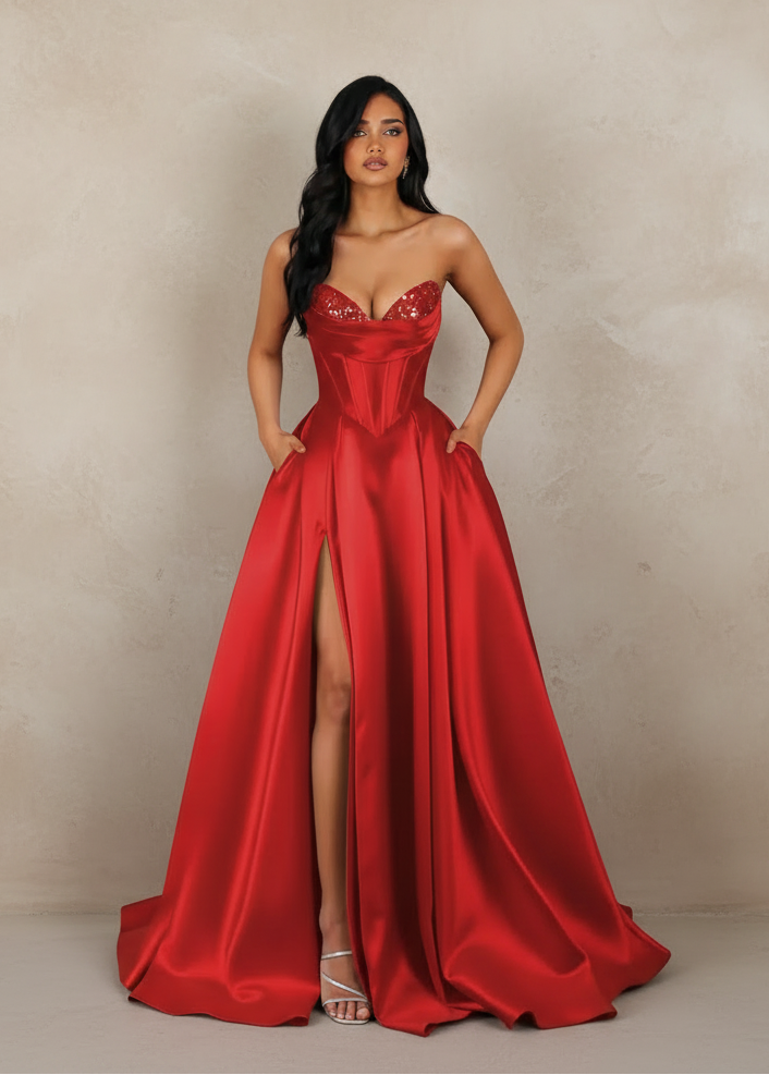 Strapless Sequin Prom Dresses Long with Slit Satin Formal Party Dress