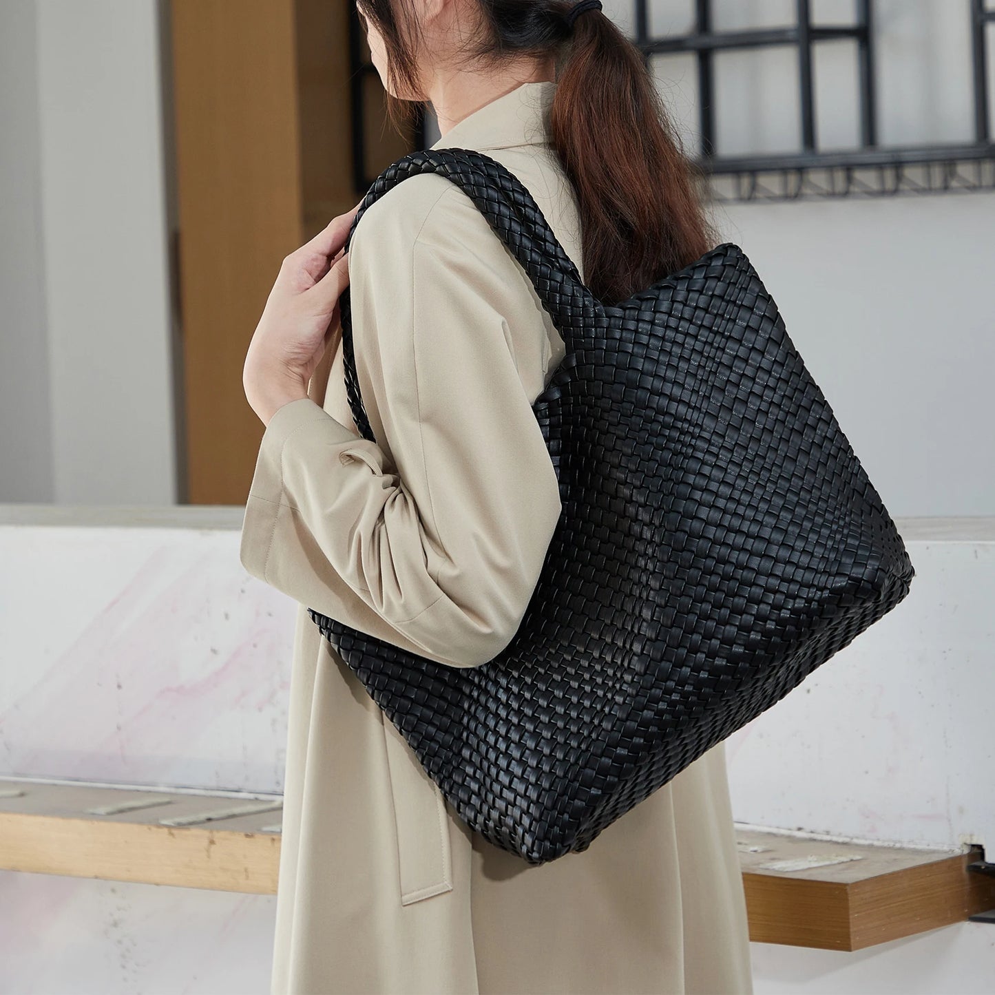Vegan Leather Woven Tote Bag