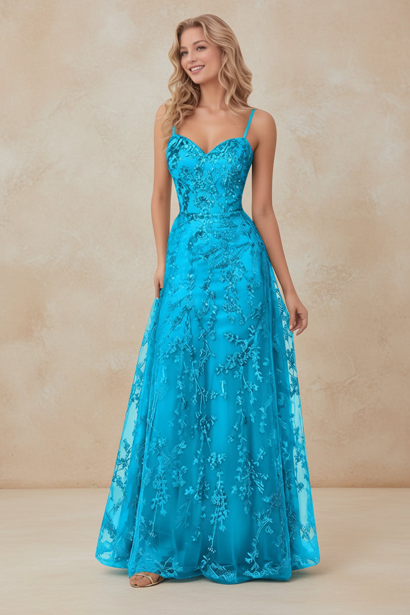 Tulle Formal Dress Laces Spaghetti Strap Sparkly Prom Dress